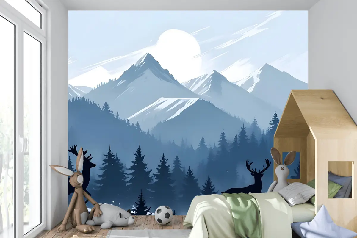 Çocuklar Için Boynuzlu Geyik Silueti Ile Tek Renkli Koyu Mavi Karlı Orman Çocuk Odası Duvar Kağıdı
