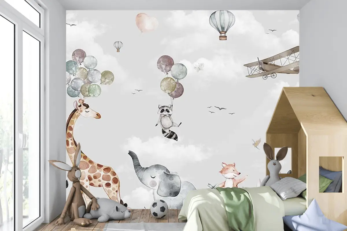 Mutlu Hayvanların Renkli Dünyası Çocuk Odası Duvar Kağıdı