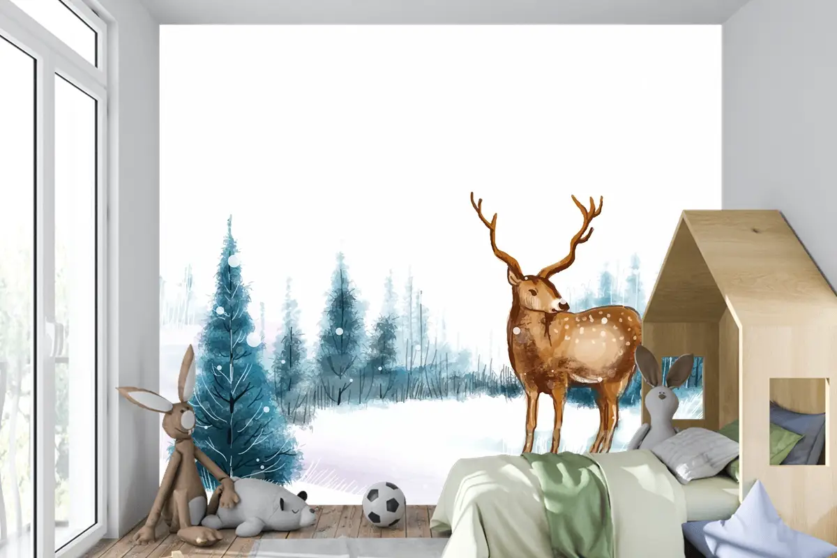 Ren Geyiği Çocuk Odası Duvar Kağıdı  Ile Yeni Yıl Ve Noel Ağacı Kış Manzarası Arka Plan