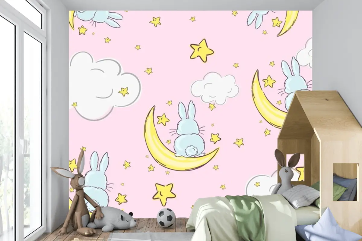 Ayların Ve Yıldızların Üzerinde Oturan Sevimli Tavşanlarla Gece Gökyüzü Doodle Deseni Sorunsuz Çocuk Odası Duvar Kağıdı