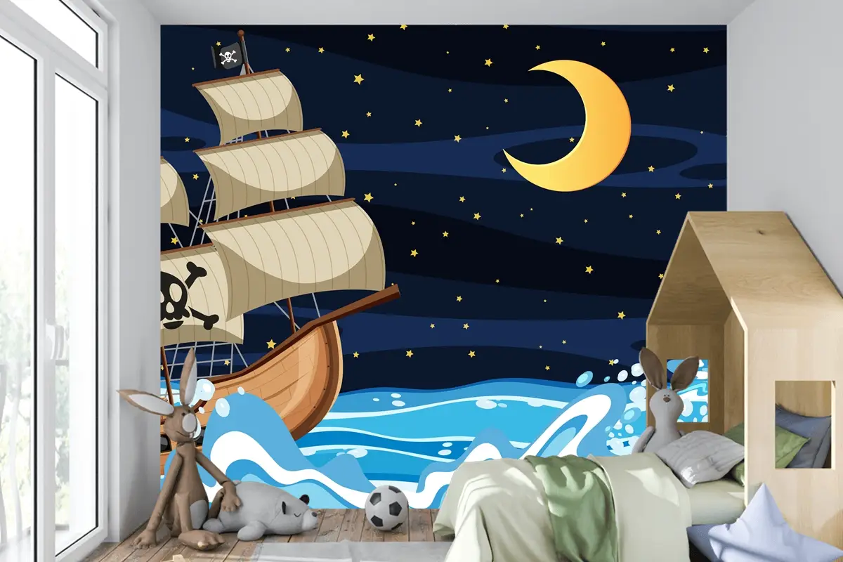 Karikatür Tarzında Korsan Gemisi Ile Gece Okyanus Sahnesi Çocuk Odası Duvar Kağıdı