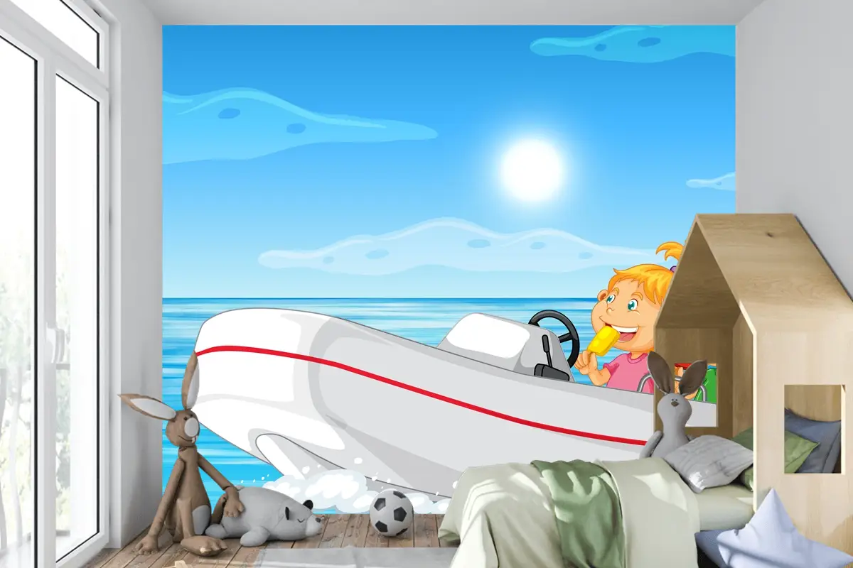 Motorlu Teknede Çocuklu Okyanus Manzarası Çocuk Odası Duvar Kağıdı