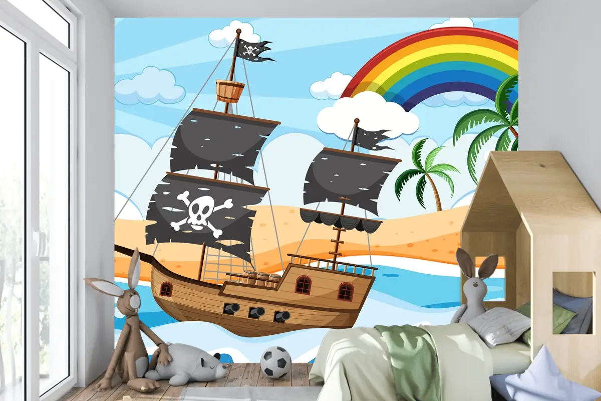 Karikatür Tarzı Çocuk Odası Duvar Kağıdı Duvarında Gündüz Sahnesinde Korsan Gemisi Ile Okyanus