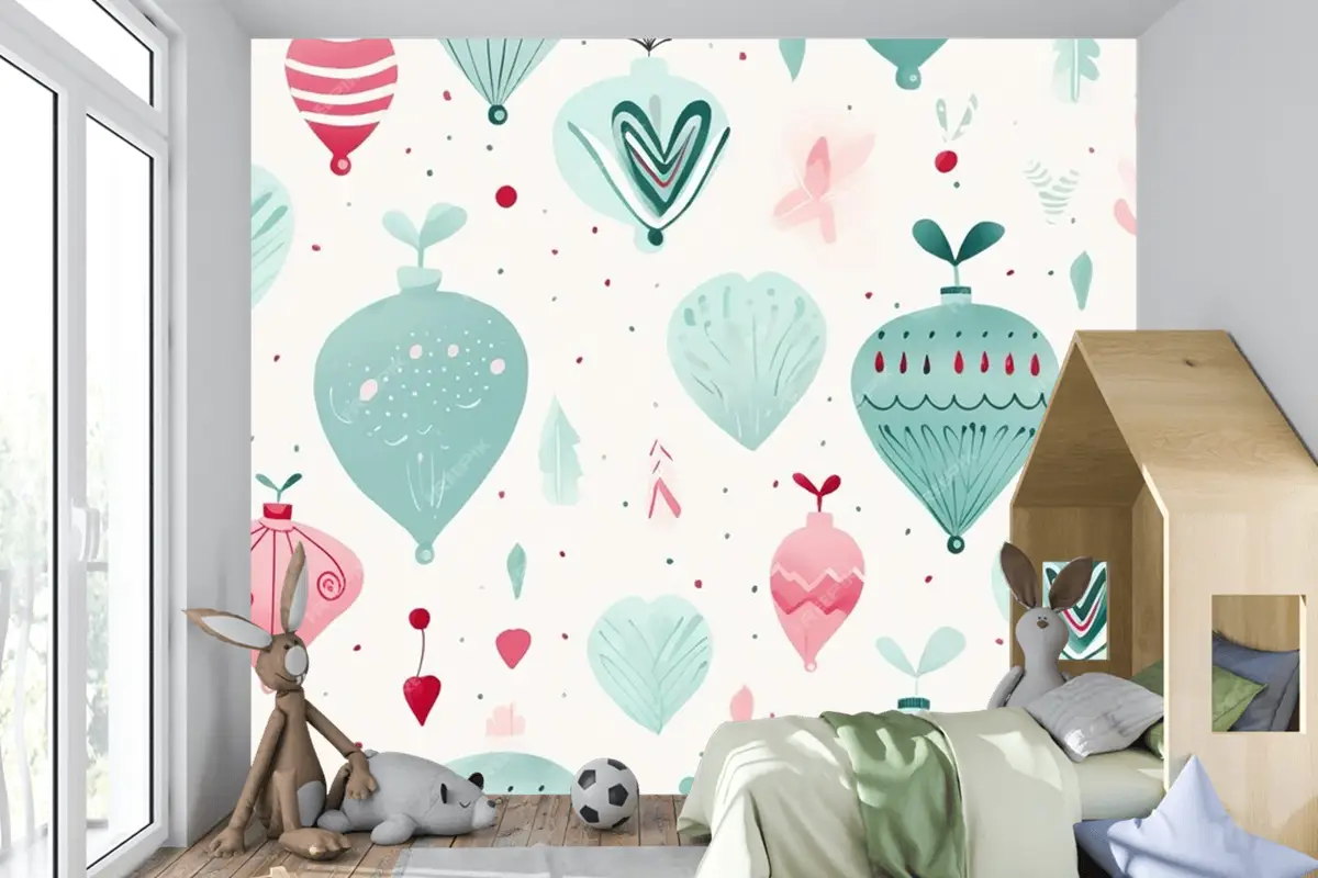 Ağaç Ve Süslerle Renkli Noel Kusursuz Deseni Modern Canlı Sonsuz Çocuk Odası Duvar Kağıdı