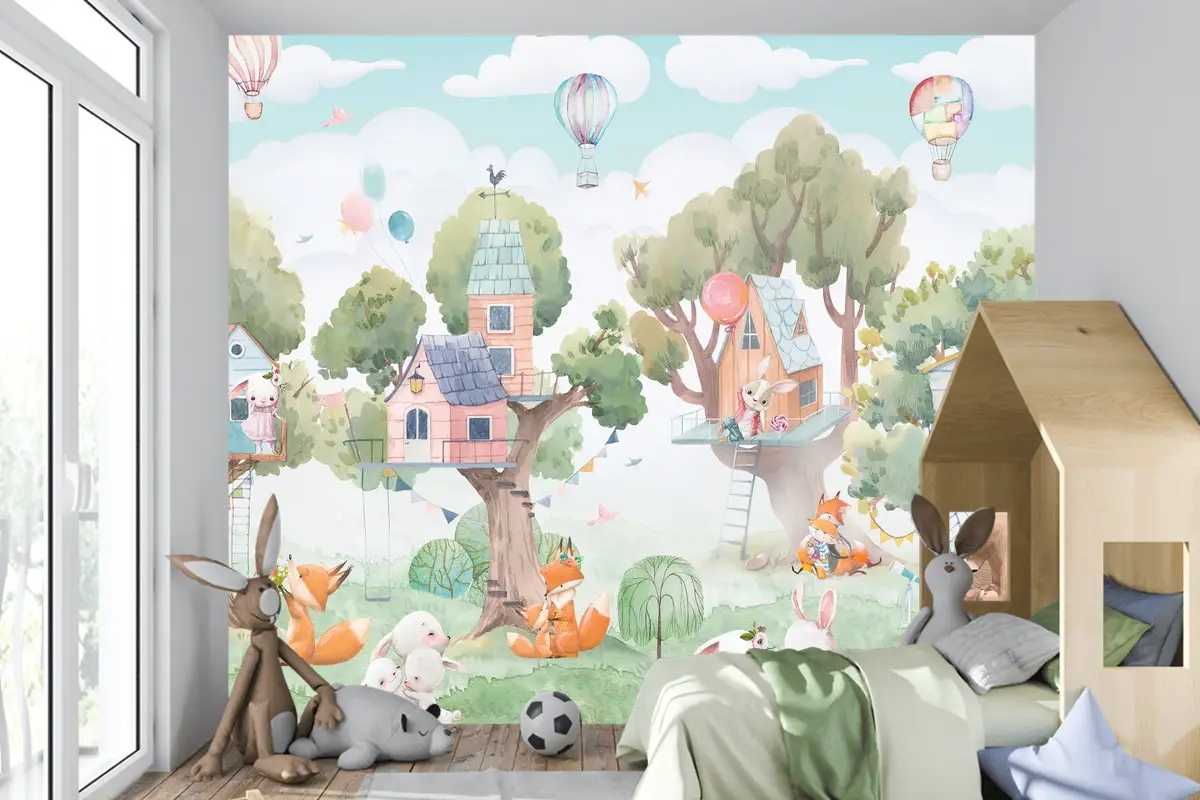 Orman Ağaçevleri ve Şenlikçi Hayvanlar Çocuk Odası Duvar Kağıdı