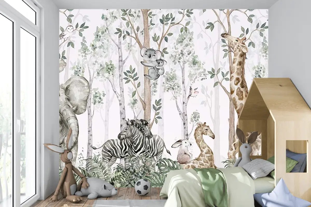 Ormanda Ağaçlar Arasında Sevimli Hayvanlar Çocuk Odası Duvar Kağıdı