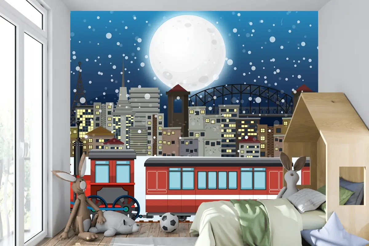 Buharlı Lokomotif Treni Ile Açık Hava Sahnesi Çocuk Odası Duvar Kağıdı