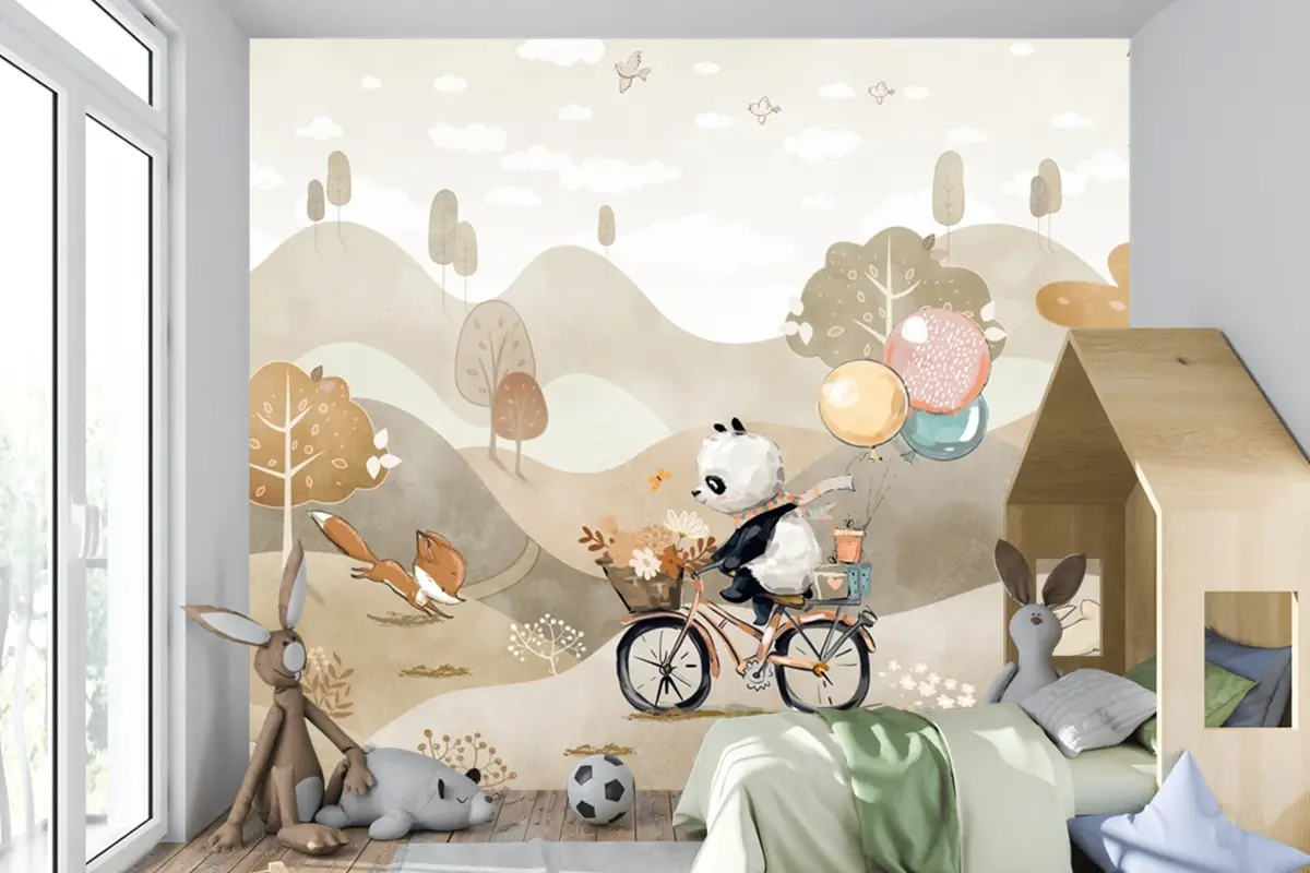 Panda Bisiklet Orman Yaban Hayatı Çocuk Odası Duvar Kağıdı