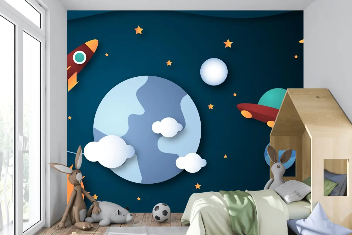 Kağıt Stili Galaxy Arka Plan Çocuk Odası Duvar Kağıdı 