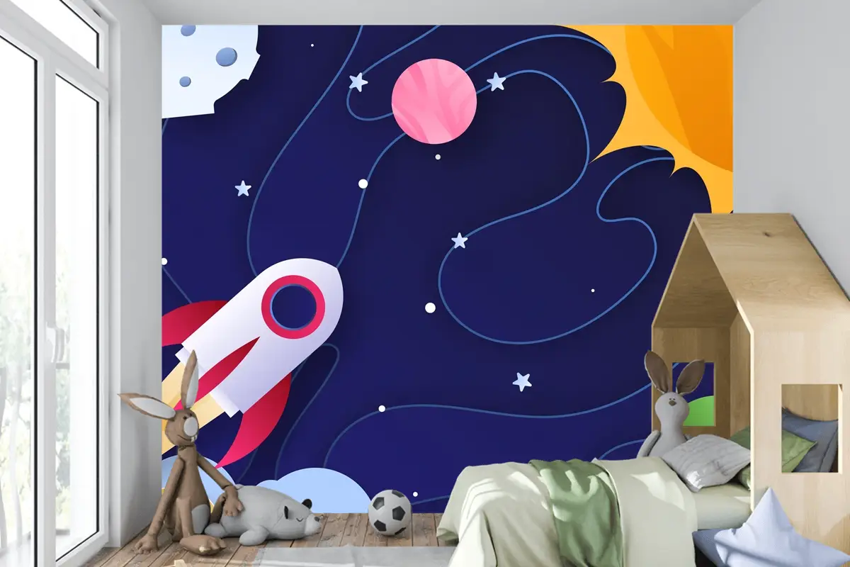 Kağıt Stili Galaxy Çocuk Odası Duvar Kağıdı