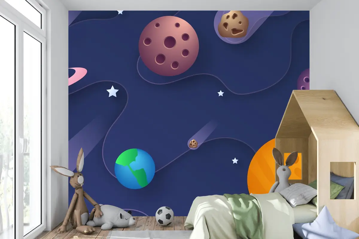 Kağıt Stili Galaxy Uzay Boys Çocuk Odası Duvar Kağıdı