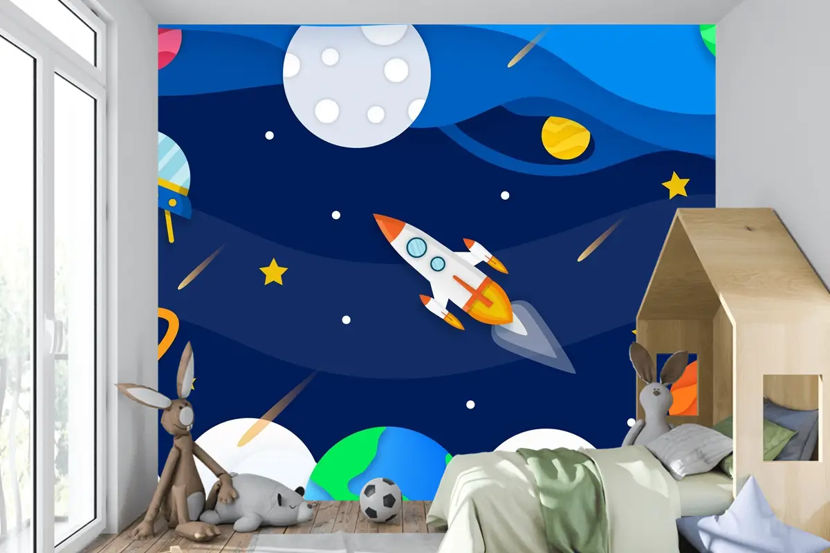 Roket Çocuk Odası Duvar Kağıdı  Ile Kağıt Tarzı Galaksi