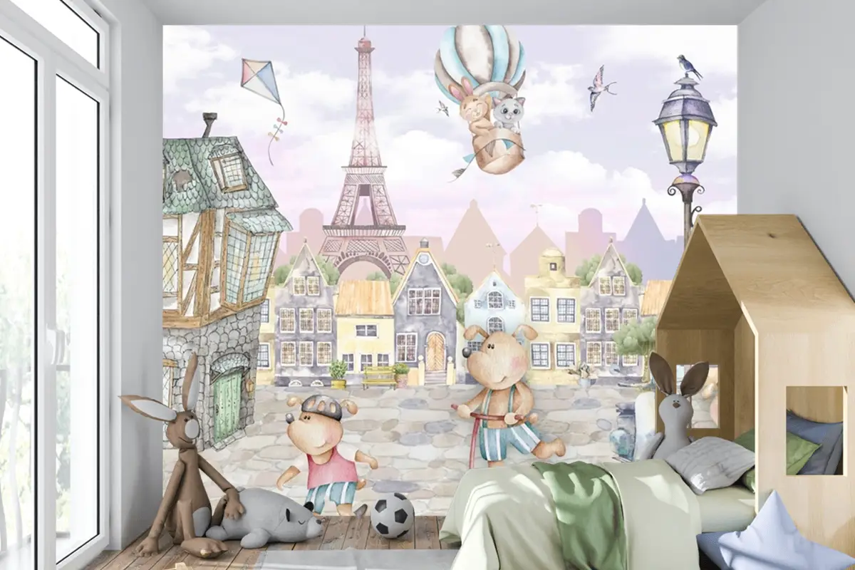 Paris Hayvanlar Retro Şehir Çocuk Odası Duvar Kağıdı Paris Hayvanlar Retro Şehir Çocuk Odası Duvar Kağıdı