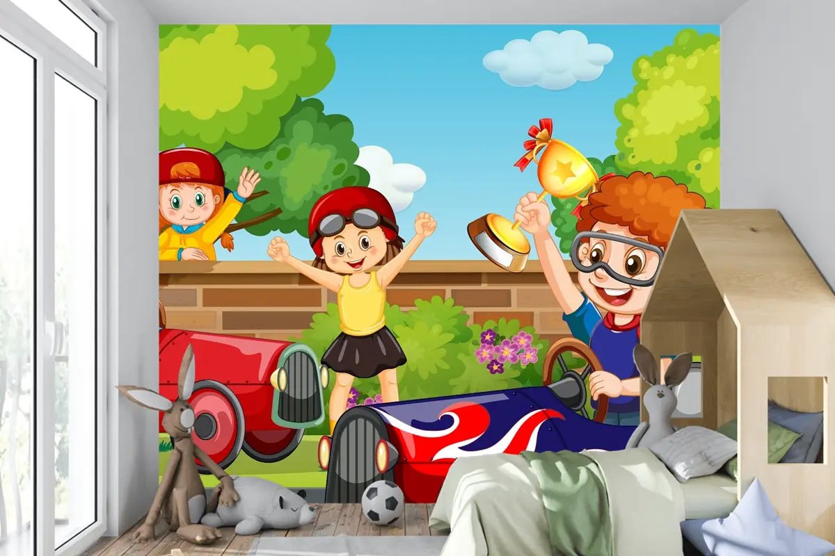 Çocuk Araba Yarışı Çocuk Odası Duvar Kağıdı  Ile Park Sahnesi