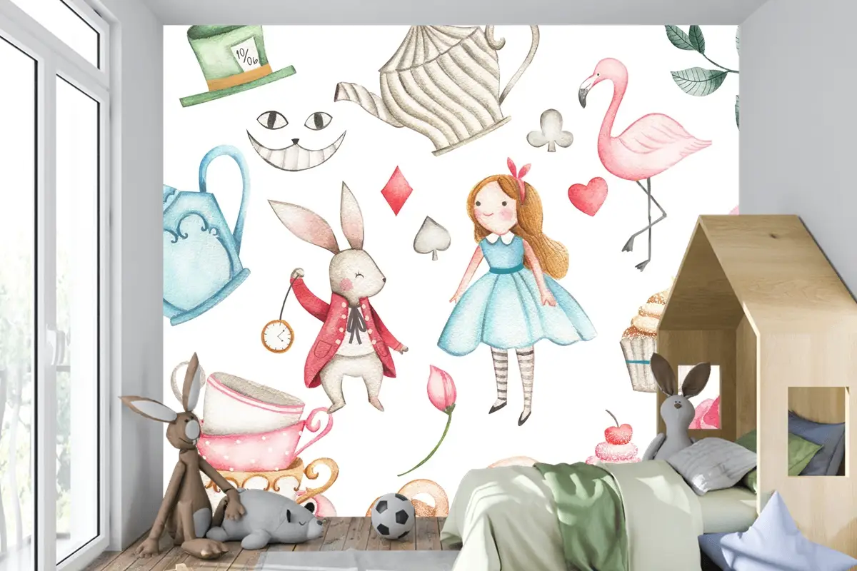 Pastel Alice Masalı ve Çay Saati Çocuk Odası Duvar Kağıdı