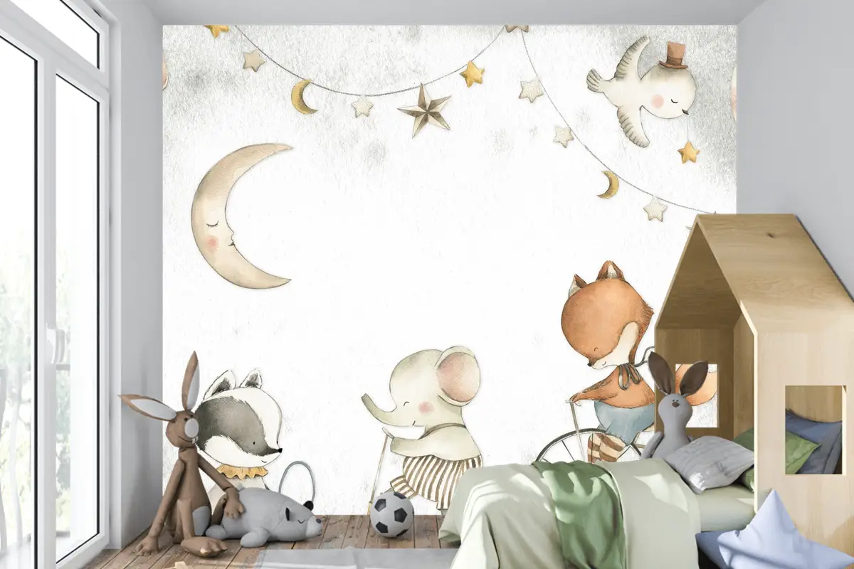 Pastel Ay, Fil ve Tilki Oyun Sahnesi Çocuk Odası Duvar Kağıdı