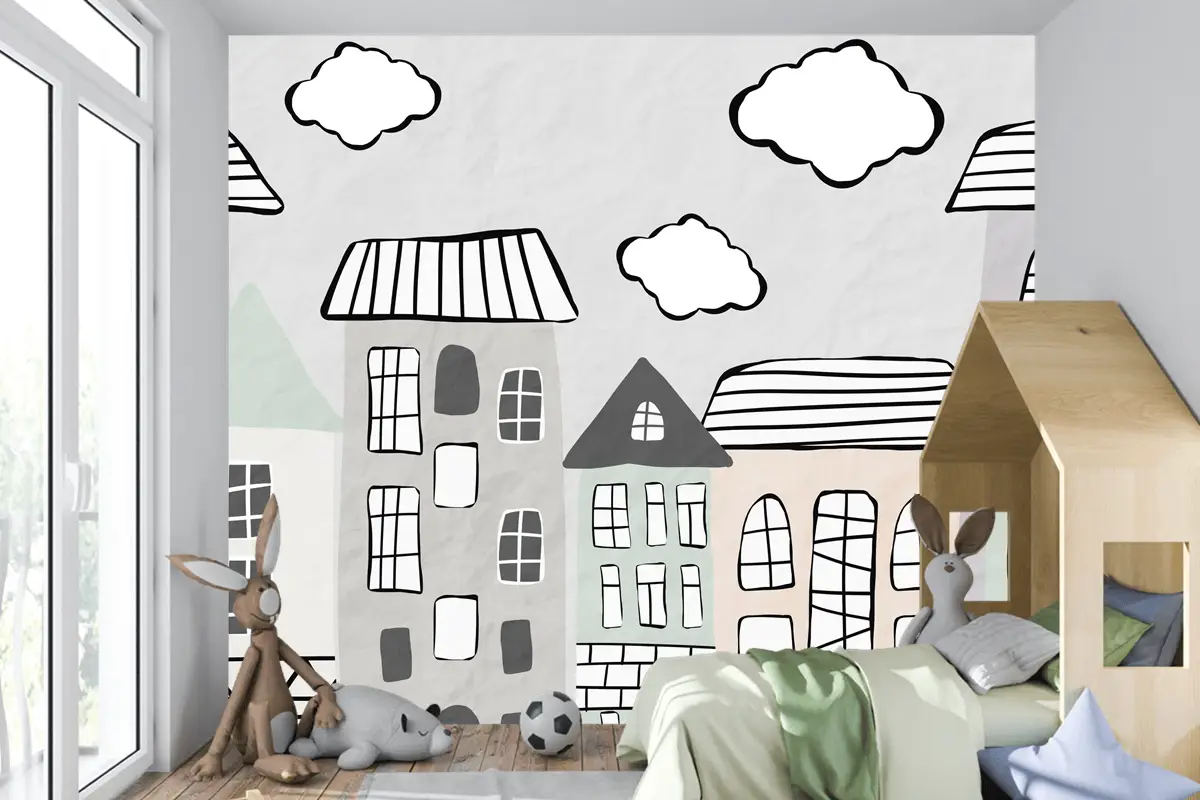 Pastel Bulutlar ve Şehir Evleri Çocuk Odası Duvar Kağıdı