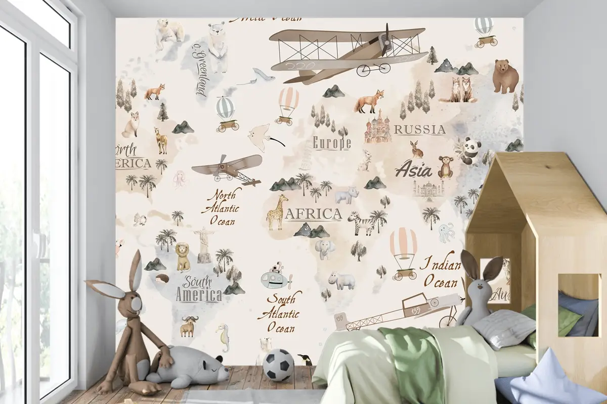 Pastel Dünya Haritası Eğitici ve Eğlenceli Çocuk Odası Duvar Kağıdı