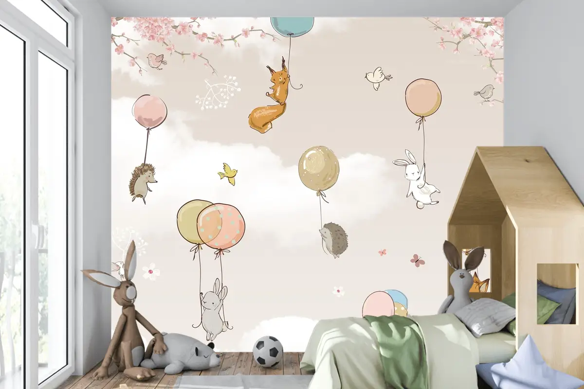 Pastel Sıcak Hava Balonları ve Orman Hayvanları Çocuk Odası Duvar Kağıdı