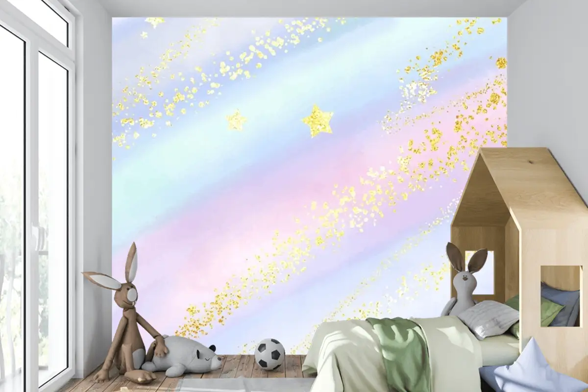 Işıltılı Altın Yıldızlar Ve Konfeti Ile Pastel Suluboya Arka Plan Çocuk Odası Duvar Kağıdı