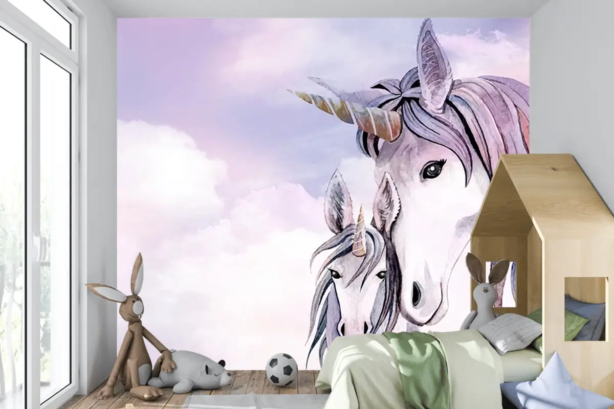 Pembe Bulutlar Üzerinde Unicorn Çocuk Odası Duvar Kağıdı