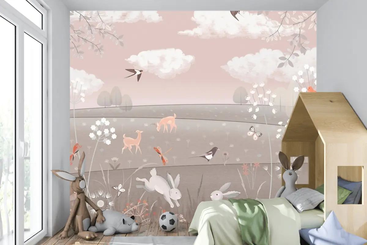 Pembe Manzara Geyik Tavşan Kuşlar Çocuk Odası Duvar Kağıdı