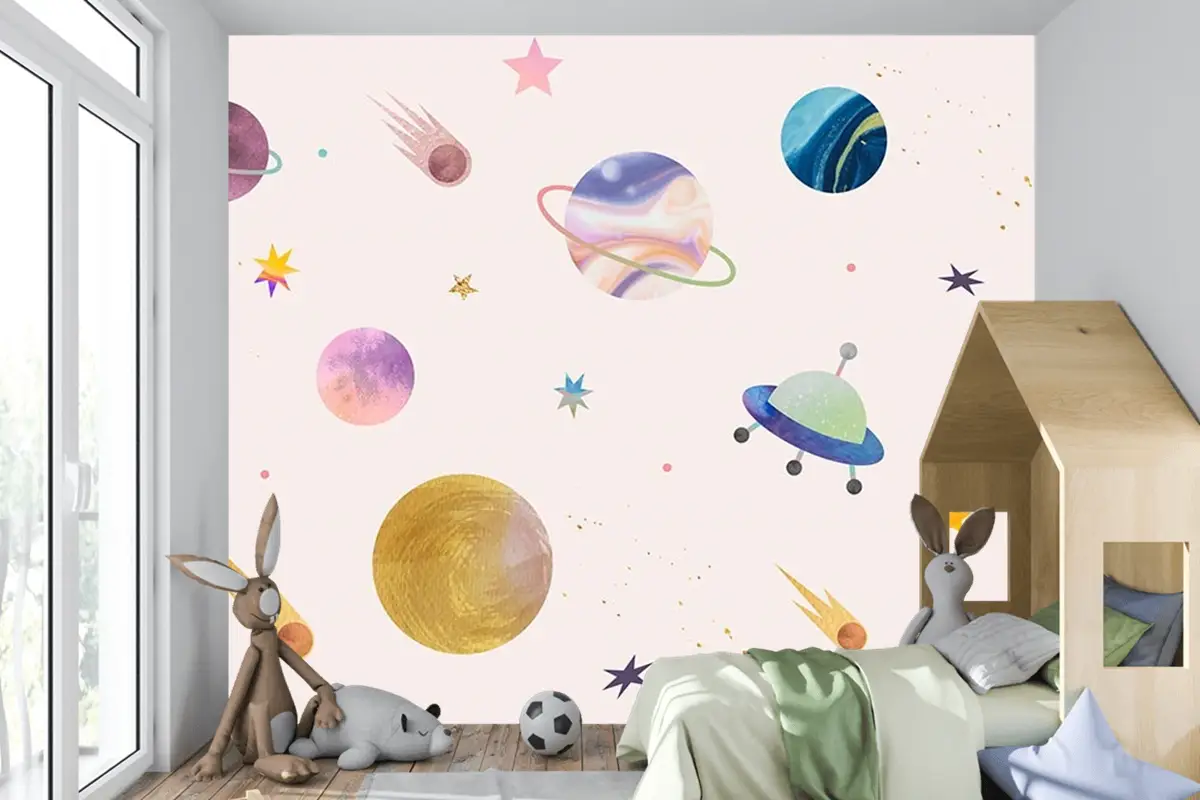 Pembe Zemin Üzerinde Gezegenler Çocuk Odası Duvar Kağıdı