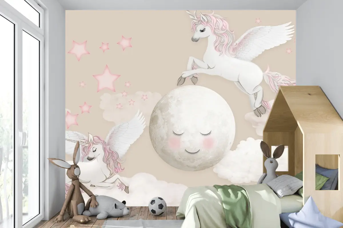 Peri At Ay Ve Bulutlar Çocuk Odası Duvar Kağıdı