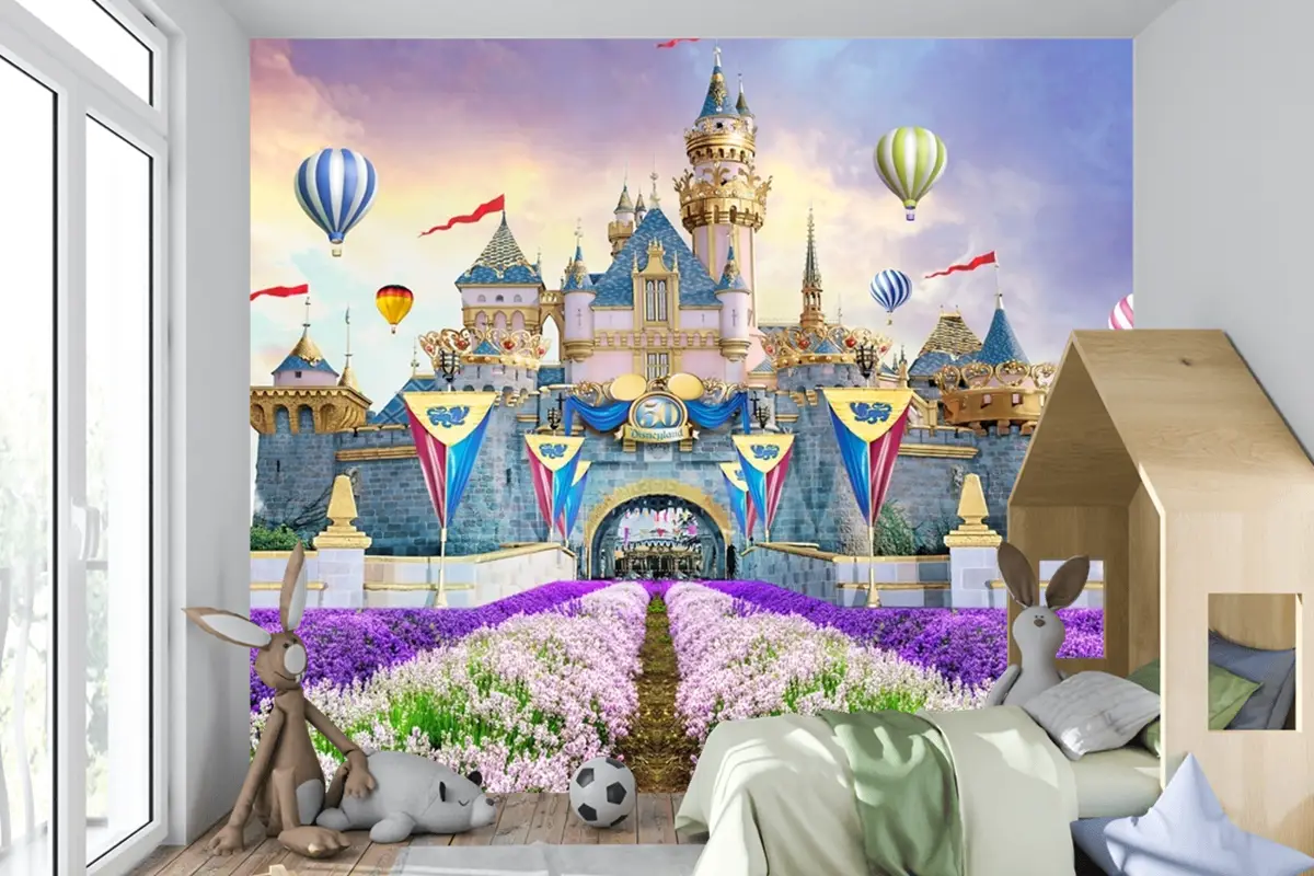 Peri Kalesi Manzara Çiçekler Sıcak Hava Balonları Çocuk Odası Duvar Kağıdı