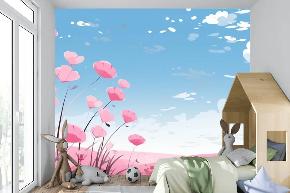 Gökyüzünde Çiçekler Ve Bulutlarla Pembe Kalpler Çocuk Odası Duvar Kağıdı