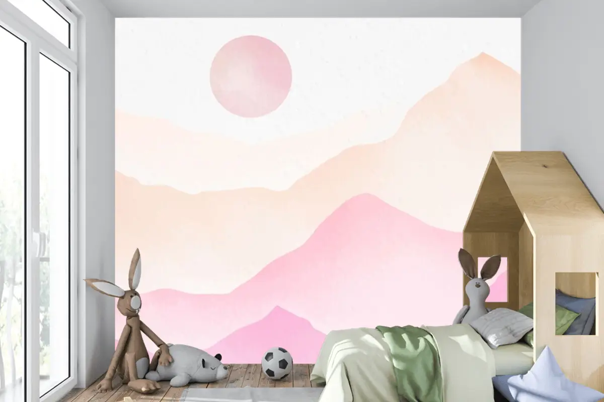 Pembe Suluboya Dağlar Arka Plan Çocuk Odası Duvar Kağıdı 