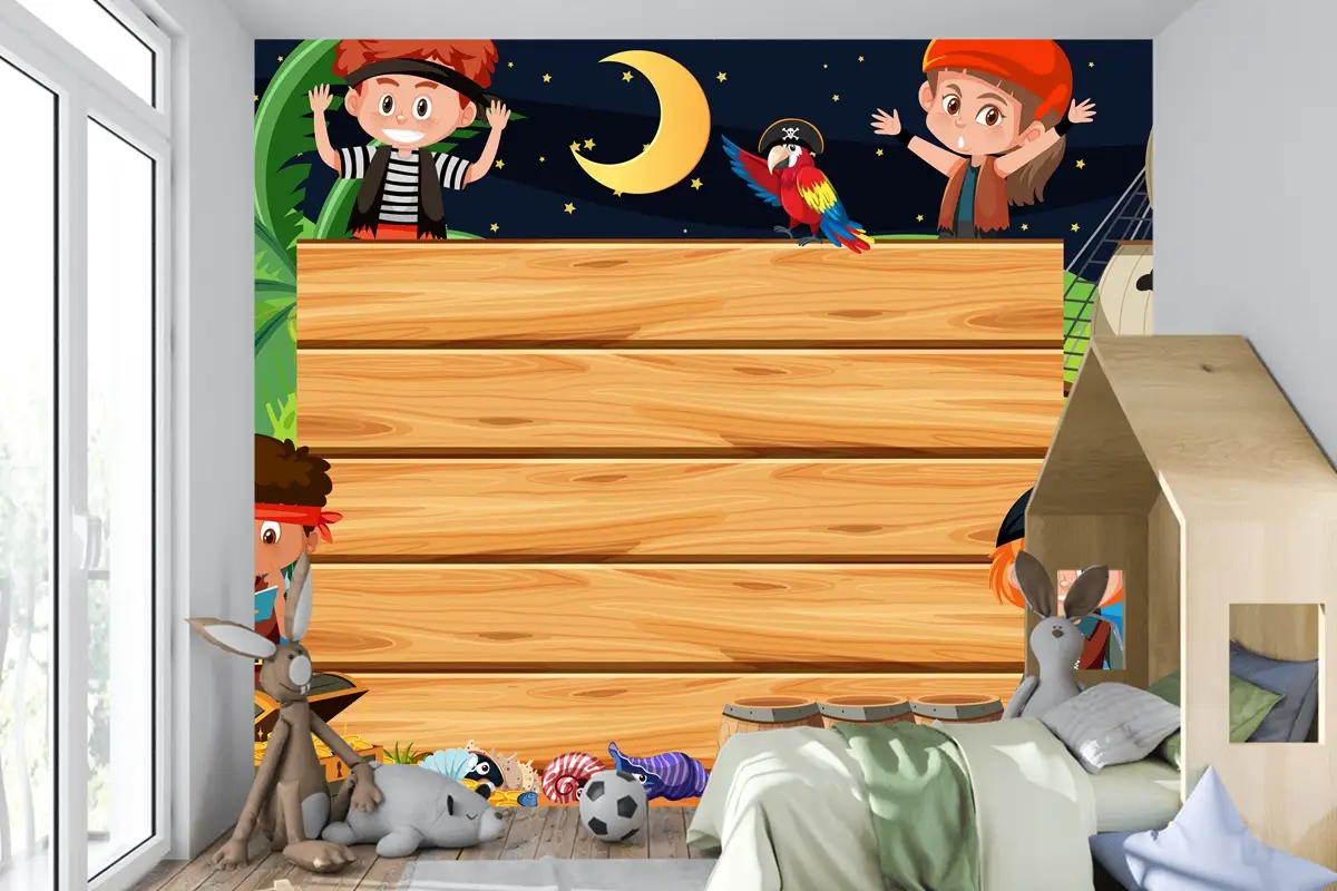 Boş Ahşap Çocuk Odası Duvar Kağıdı Yle Sahilde Gece Sahnesinde Korsan Çocuklar