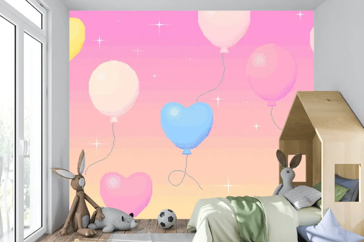 Rüya Gibi Gökyüzünde Uçan Balonların Piksel Sanat Arka Planı Çocuk Odası Duvar Kağıdı