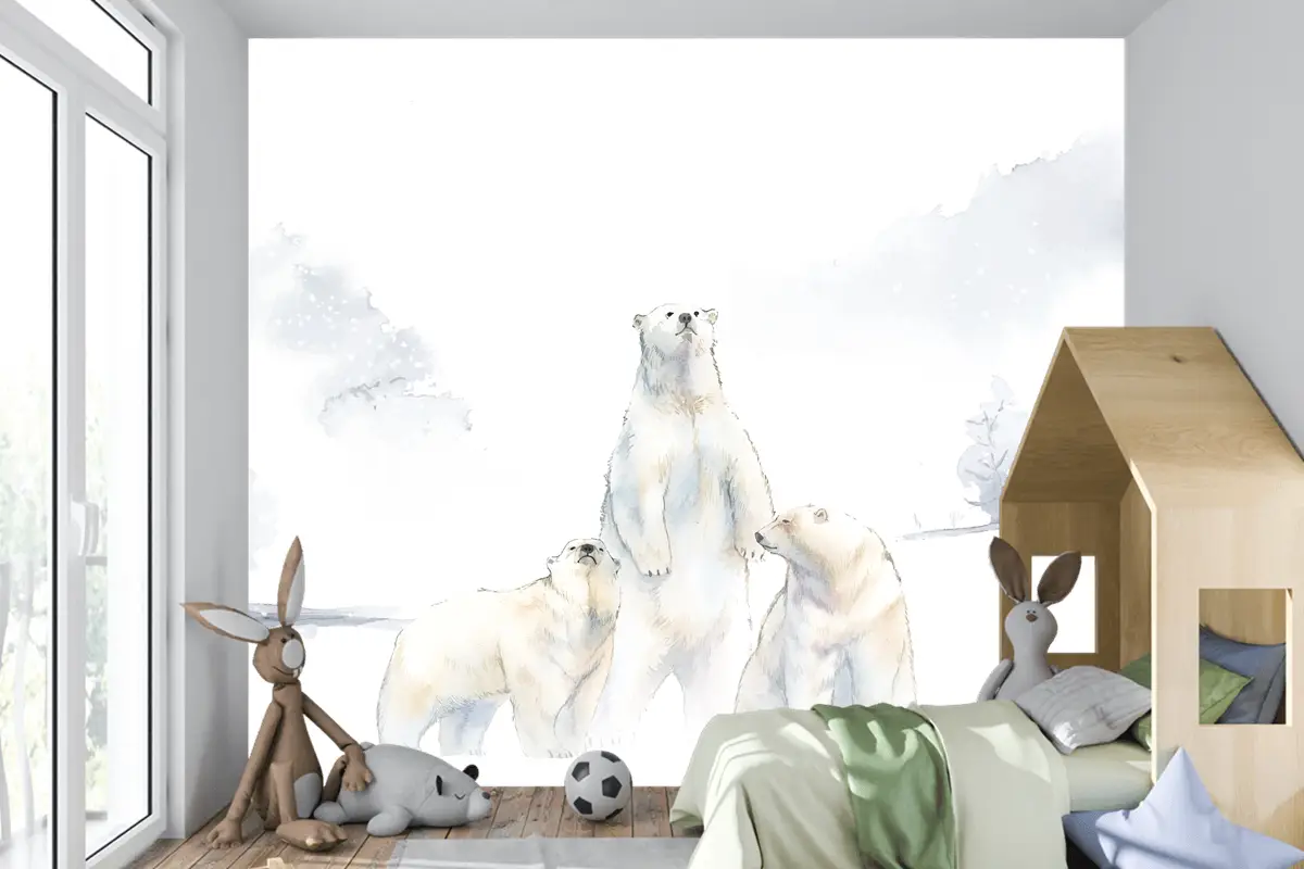 Karda Kutup Ayıları Suluboya Çocuk Odası Duvar Kağıdı 