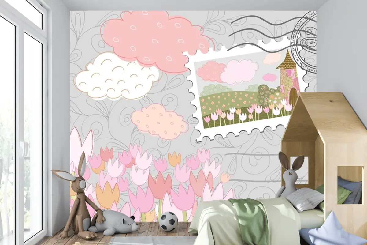 Damgalı Poster Desenli Dekoratif Şehir Çocuk Odası Duvar Kağıdı