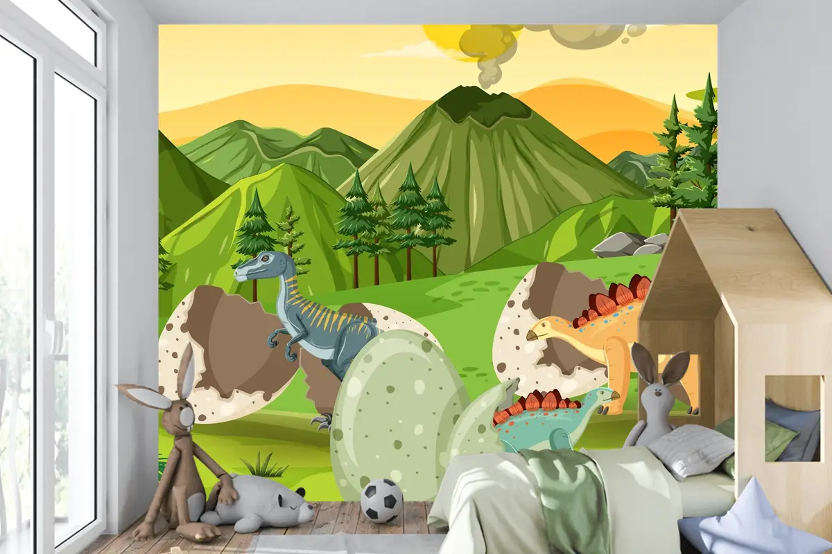 Dinozor Karikatür Çocuk Odası Duvar Kağıdı  Ile Tarih Öncesi Orman
