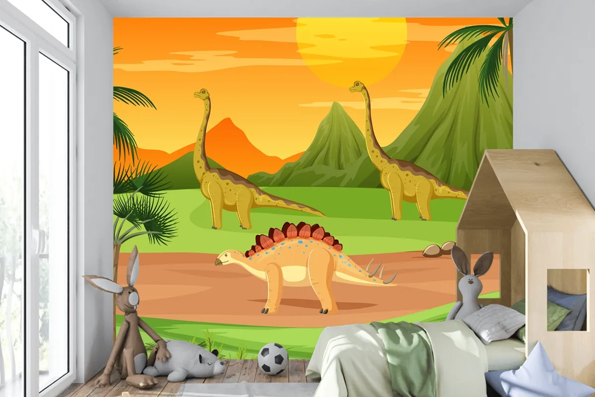 Dinozor Karikatür Çocuk Odası Duvar Kağıdı  Ile Tarih Öncesi Orman