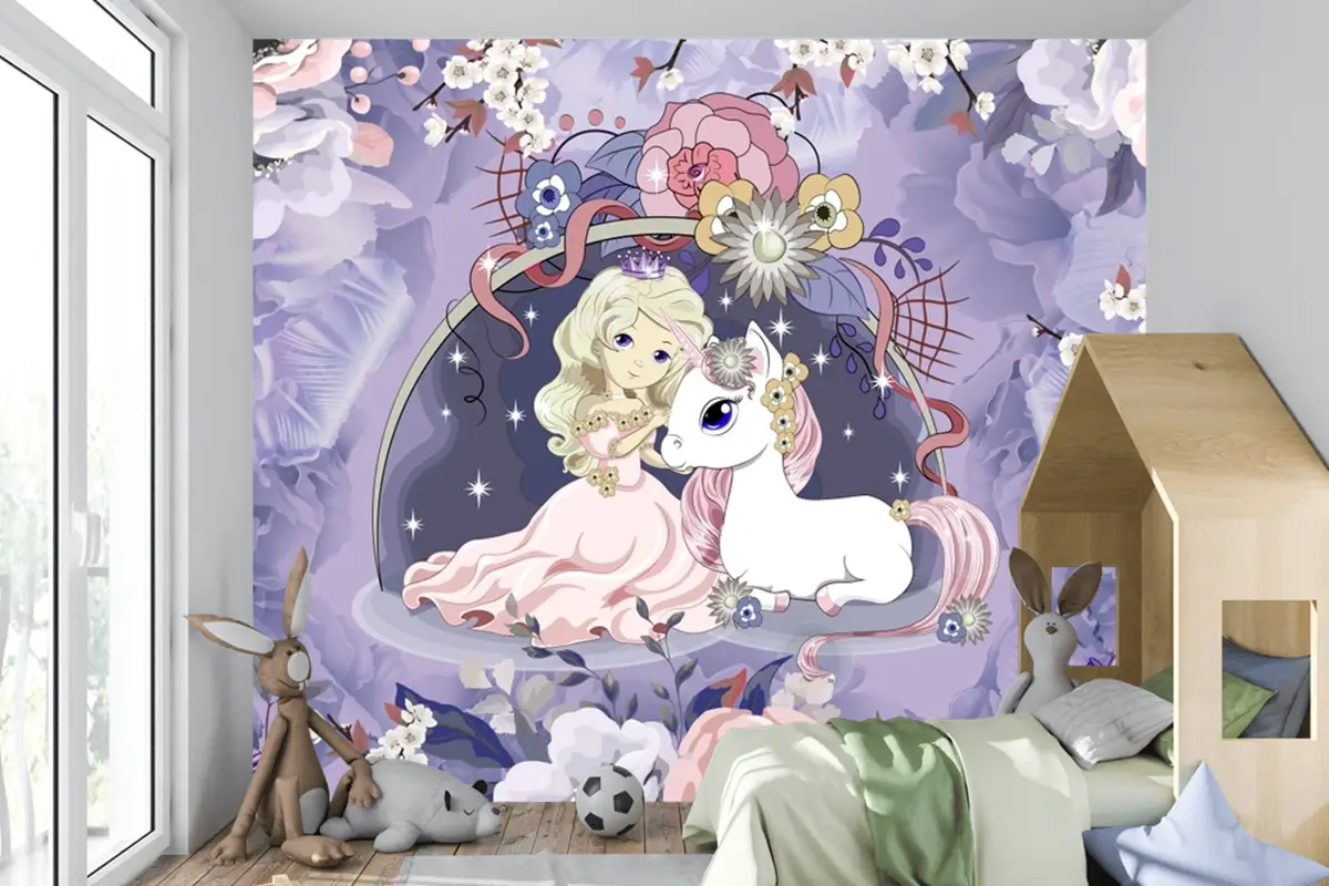 Prenses Ve Unicorn Şakayık Çocuk Odası Duvar Kağıdı