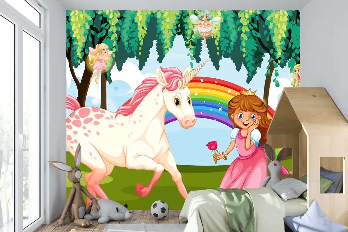 Büyülü Ormanda Prenses Ve Tek Boynuzlu At Arka Plan Çocuk Odası Duvar Kağıdı