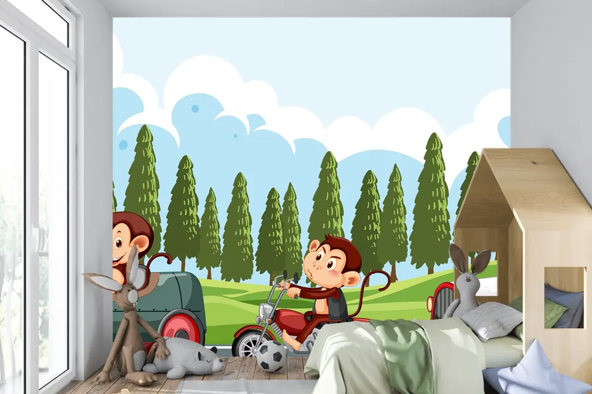 Maymun Yarış Sürücülerinin Bulunduğu Yarış Pisti Sahnesi Çocuk Odası Duvar Kağıdı