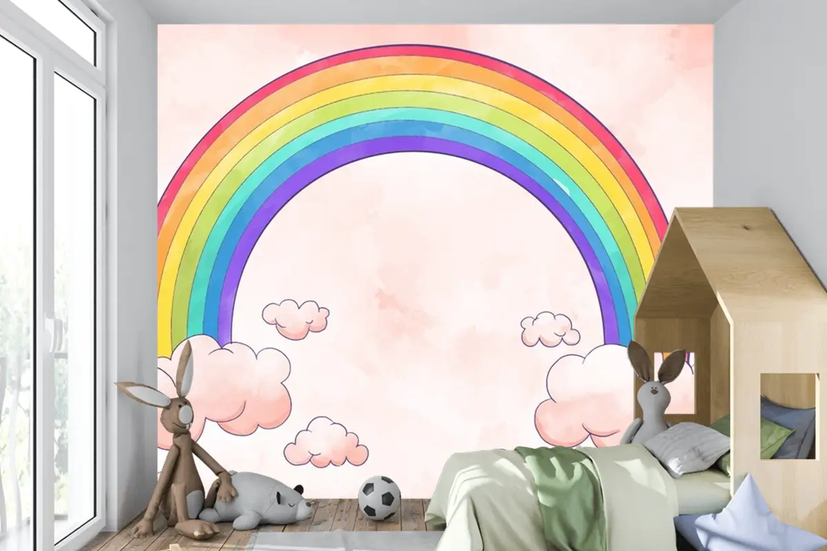 Gökkuşağı Bulutlu Suluboya Tarzı Çocuk Odası Duvar Kağıdı