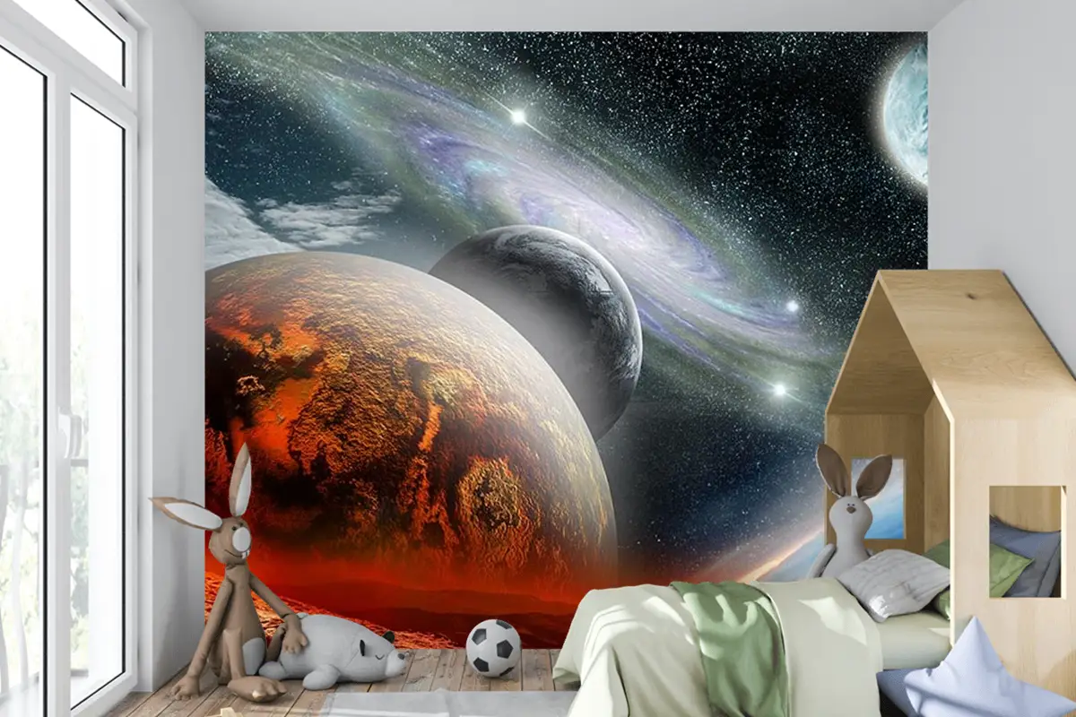 Renkli Galaksi Gezegenler Çocuk Genç Odası Çocuk Odası Duvar Kağıdı
