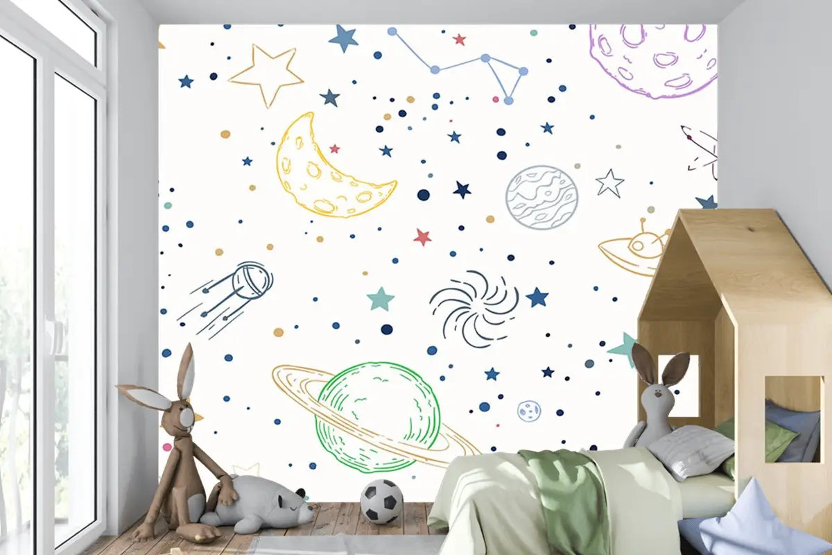 Renkli Gezegenler Uzay Temalı Çocuk Odası Duvar Kağıdı