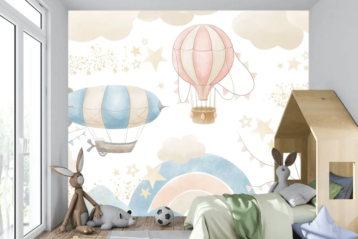 Renkli Gökyüzü ve Sıcak Hava Balonları Temalı Çocuk Odası Duvar Kağıdı