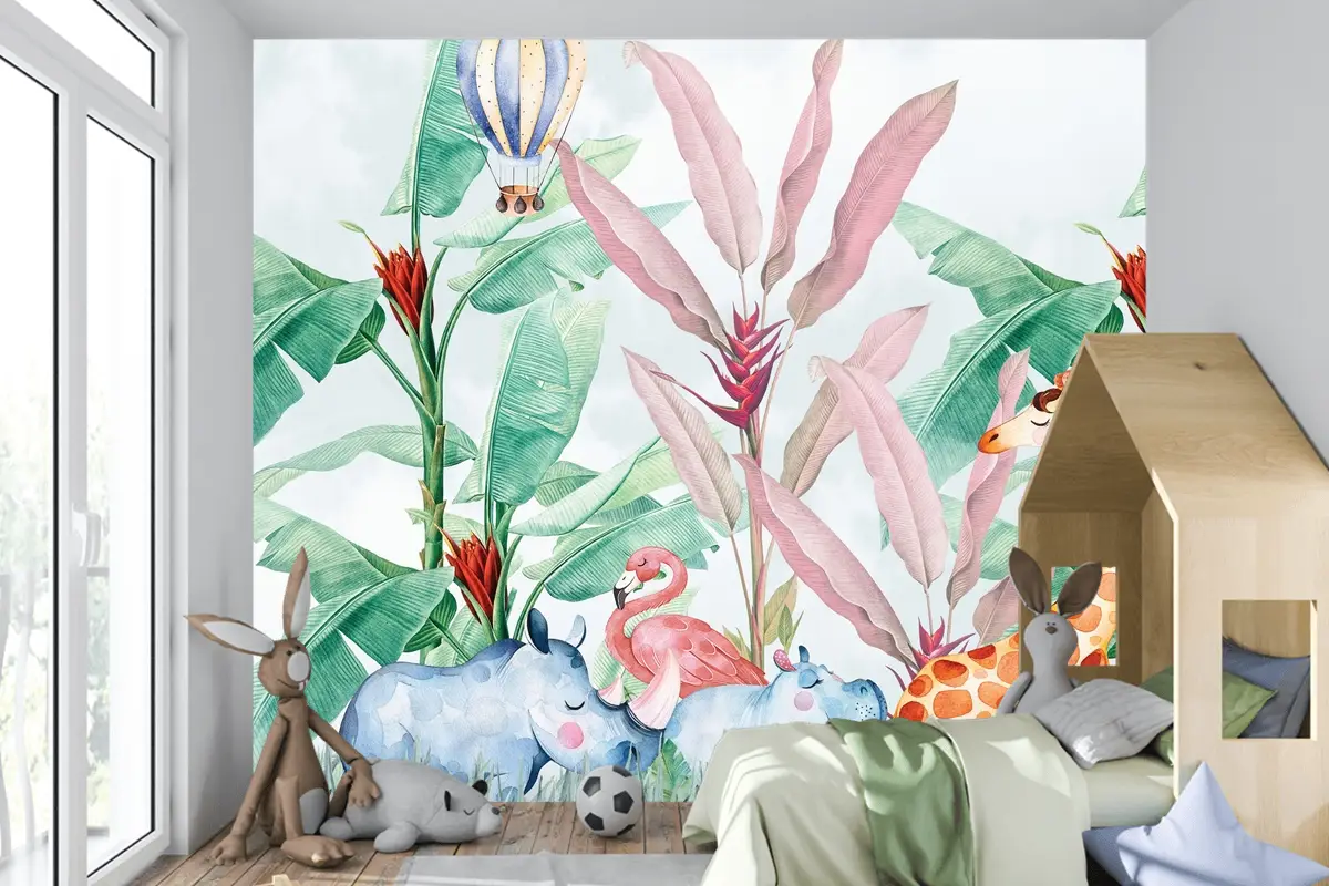 Renkli Hayvanlar ve Balonlu Macera Çocuk Odası Duvar Kağıdı