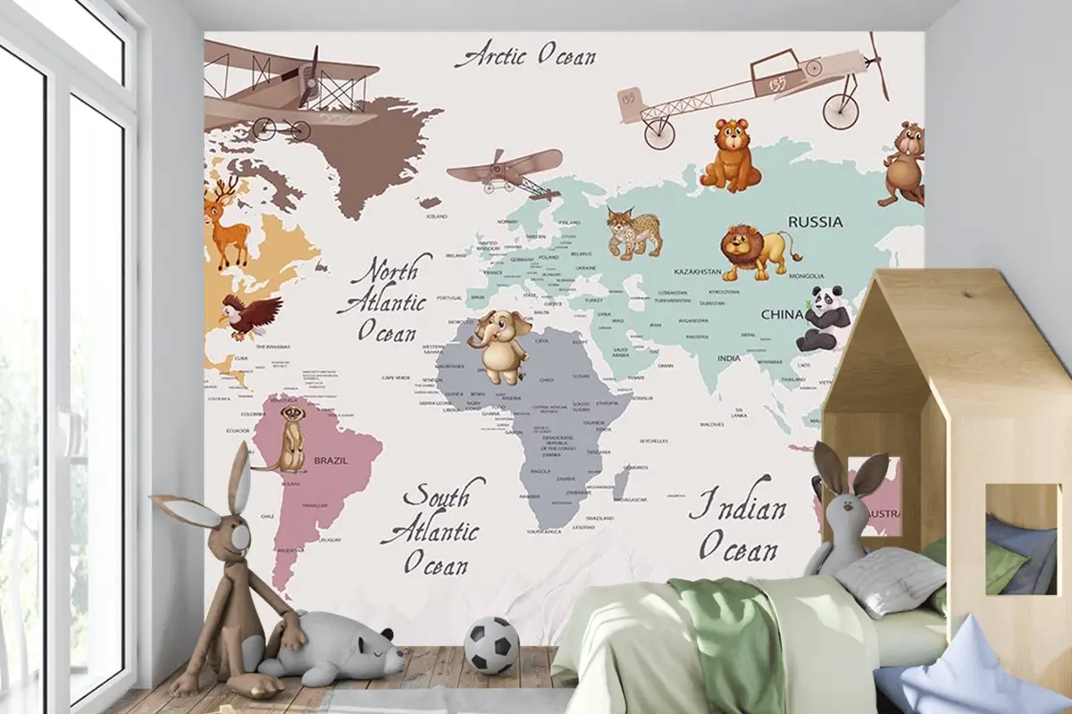 Renkli Kıtalar Öğretici Çocuk Odası Duvar Kağıdı