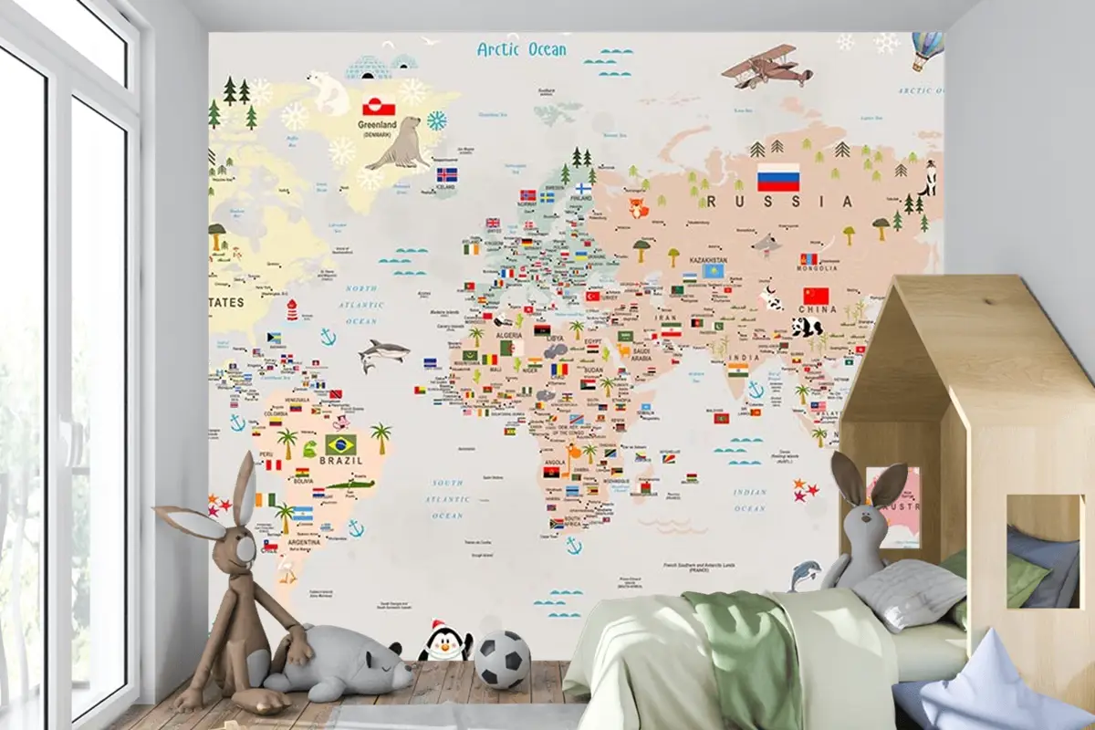 Renkli Kıtalar Ülke Isimleri Yazılı Çocuk Odası Dünya Haritası Çocuk Odası Duvar Kağıdı
