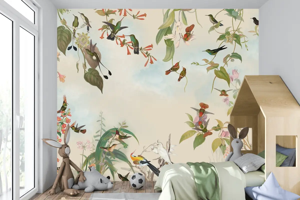 Renkli Kuşlar ve Çiçekli Tropikal Doğa Çocuk Odası Duvar Kağıdı