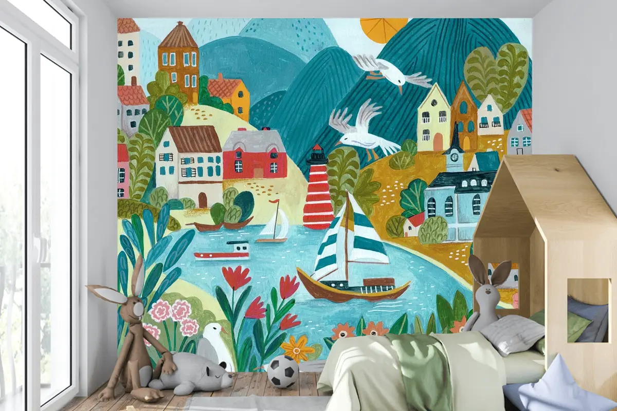 Renkli Sahil Kasabası Çiçek Göl Çocuk Odası Duvar Kağıdı