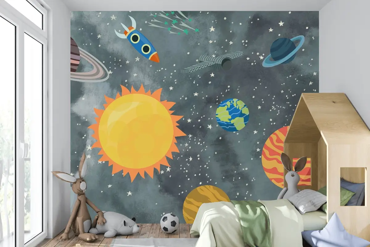 Renkli Uzay Sahnesi ve Roketler Temalı Çocuk Odası Duvar Kağıdı